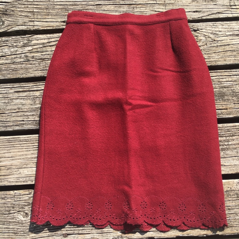 Burgundy Wool Skirt with Scallop Lace Hem